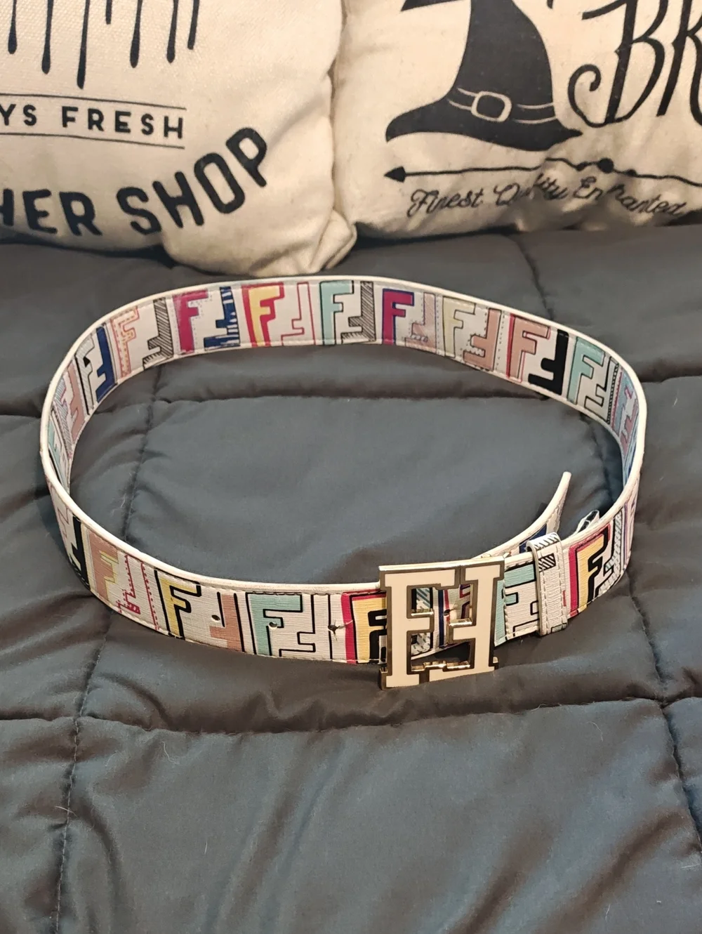 Authentic Fendi Multicolor FF Logo Leather Belt with Silver Buckle